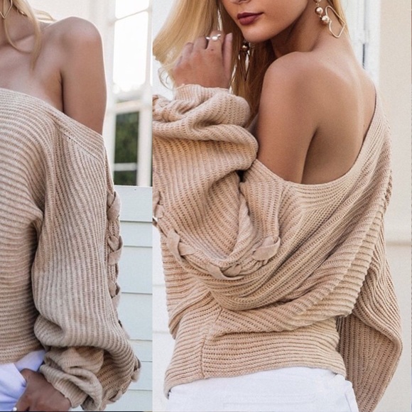 Off Shoulder Cross Braided Loose Knit Sweater - Picture 6 of 7